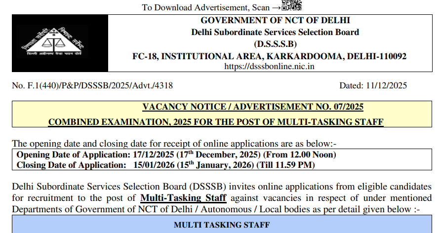 DSSSB MTS Recruitment 2025 Notification 714 Posts