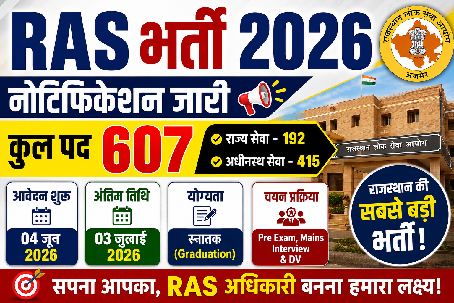 RPSC RAS Bharti 2026 Notification Out for 607 Posts