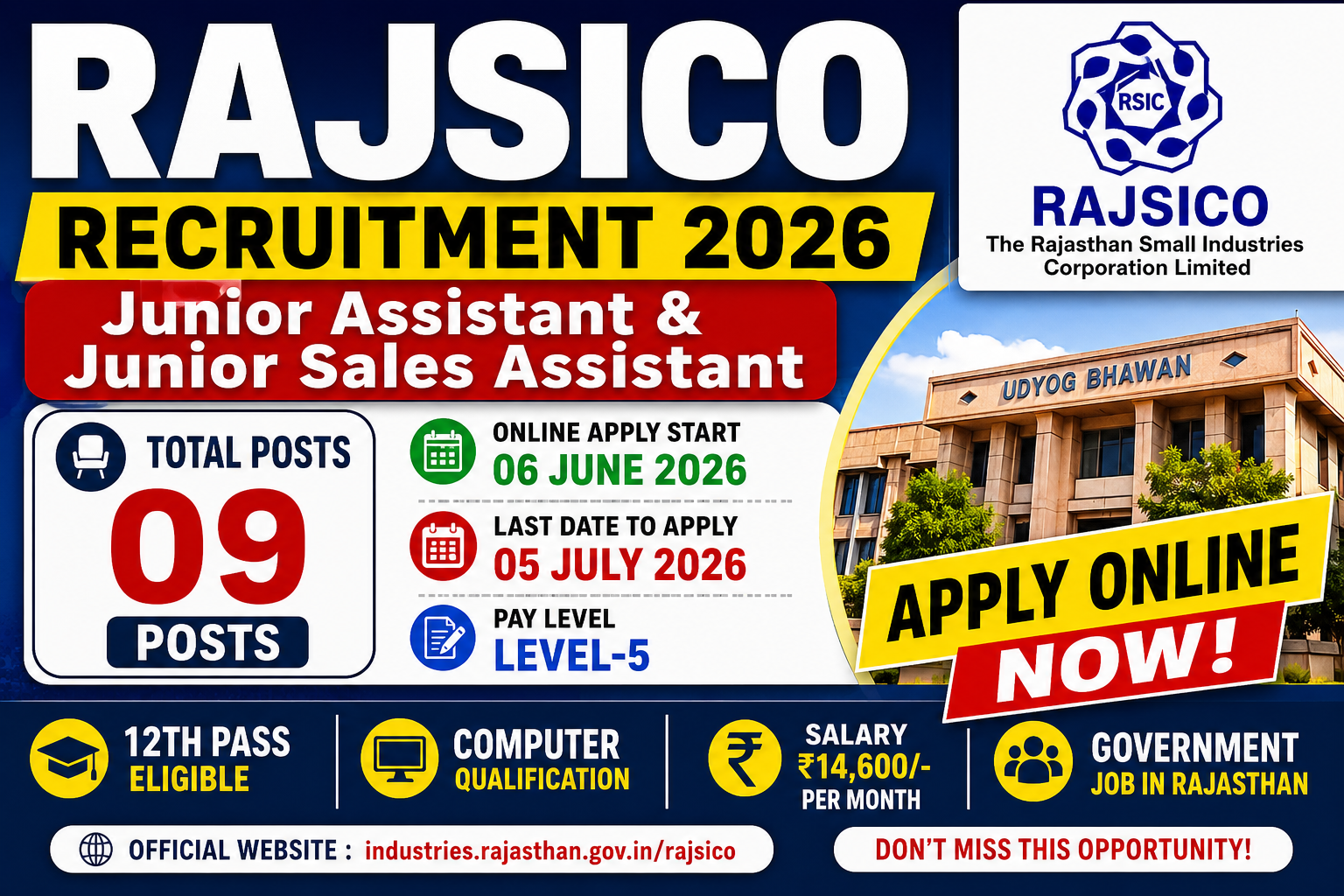 RAJSICO Recruitment 2026 Apply Online for Junior Assistant & Junior Sales Assistant 09 Posts
